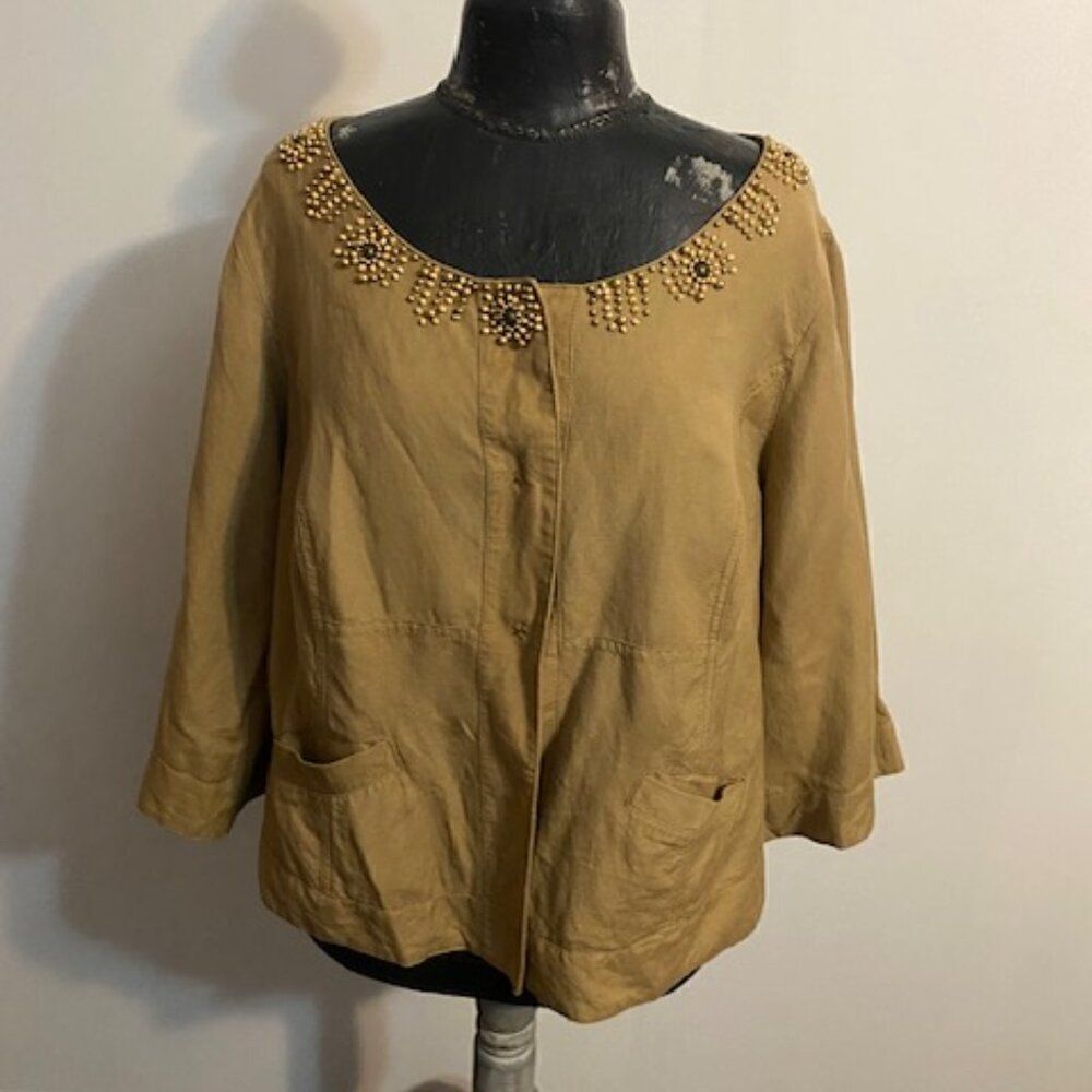 Ruby Rd. Tan Scoop Neck embellished 3/4 sleeves snap front blazer, size 16W